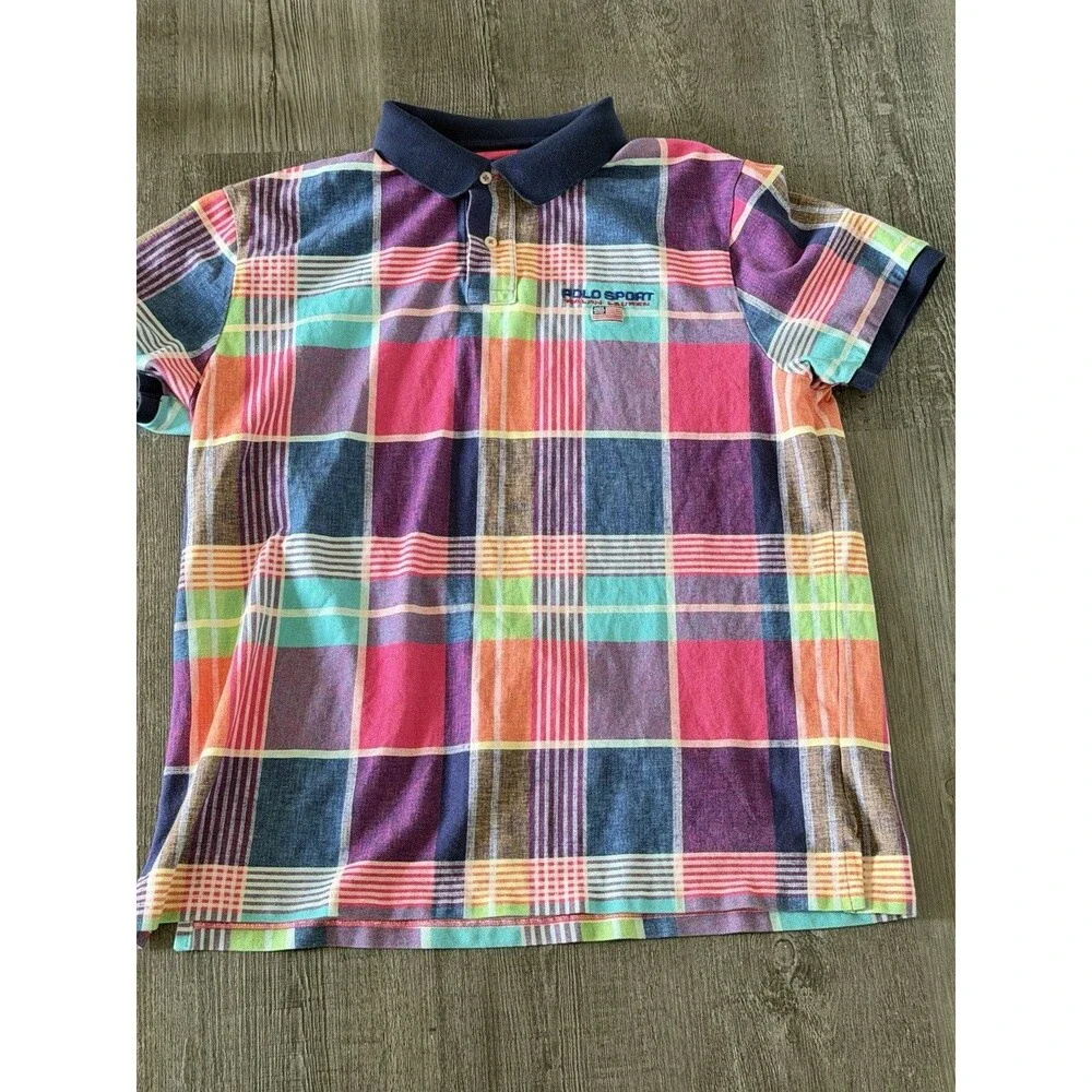Polo Sport Ralph Lauren Men XL Plaid Polo Shirt Multicolor Custom Slim Fit USA